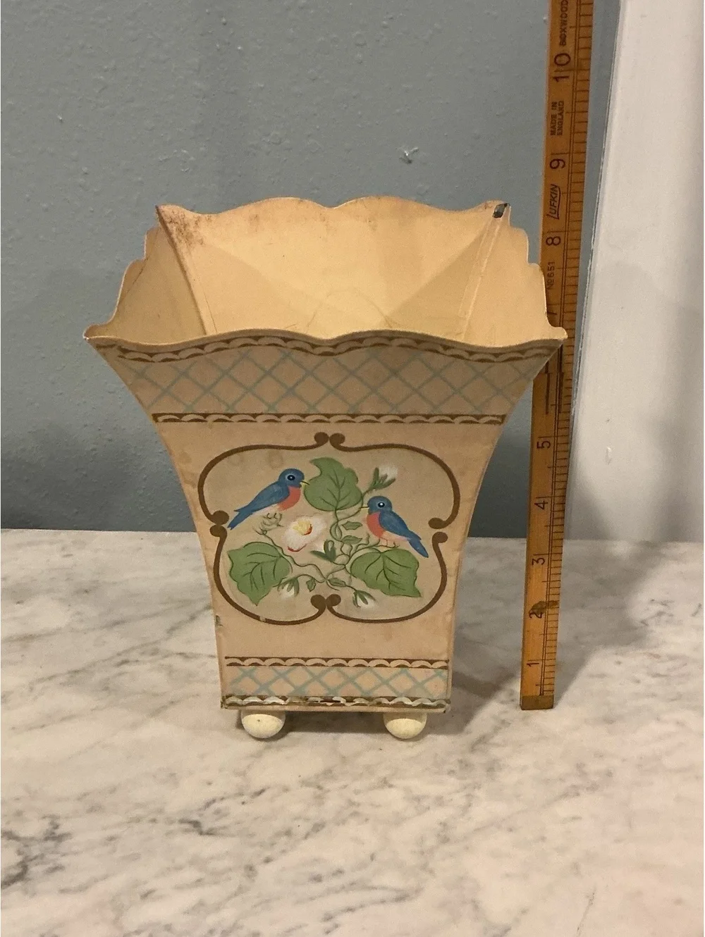Vintage Tole Metal Planter, Hand Painted Bluebirds, Footed Cream Gold Trim